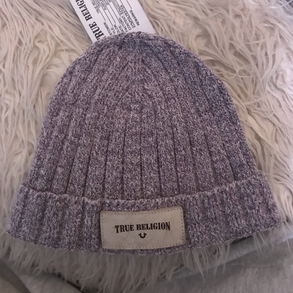 Woven gray/light purple true religion beanie